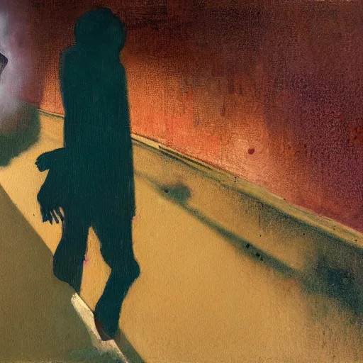 Prompt: a human shadow wandering in sad childhood memories, smoking weed, mental health, derealisation, disconnected, resignation, melancholy, oil painting, by francis bacon, emotional conflict, hd, 8 k, trending on artstation, paradoxal, perfect framing, neo - expressionism, expressive, masterpiece