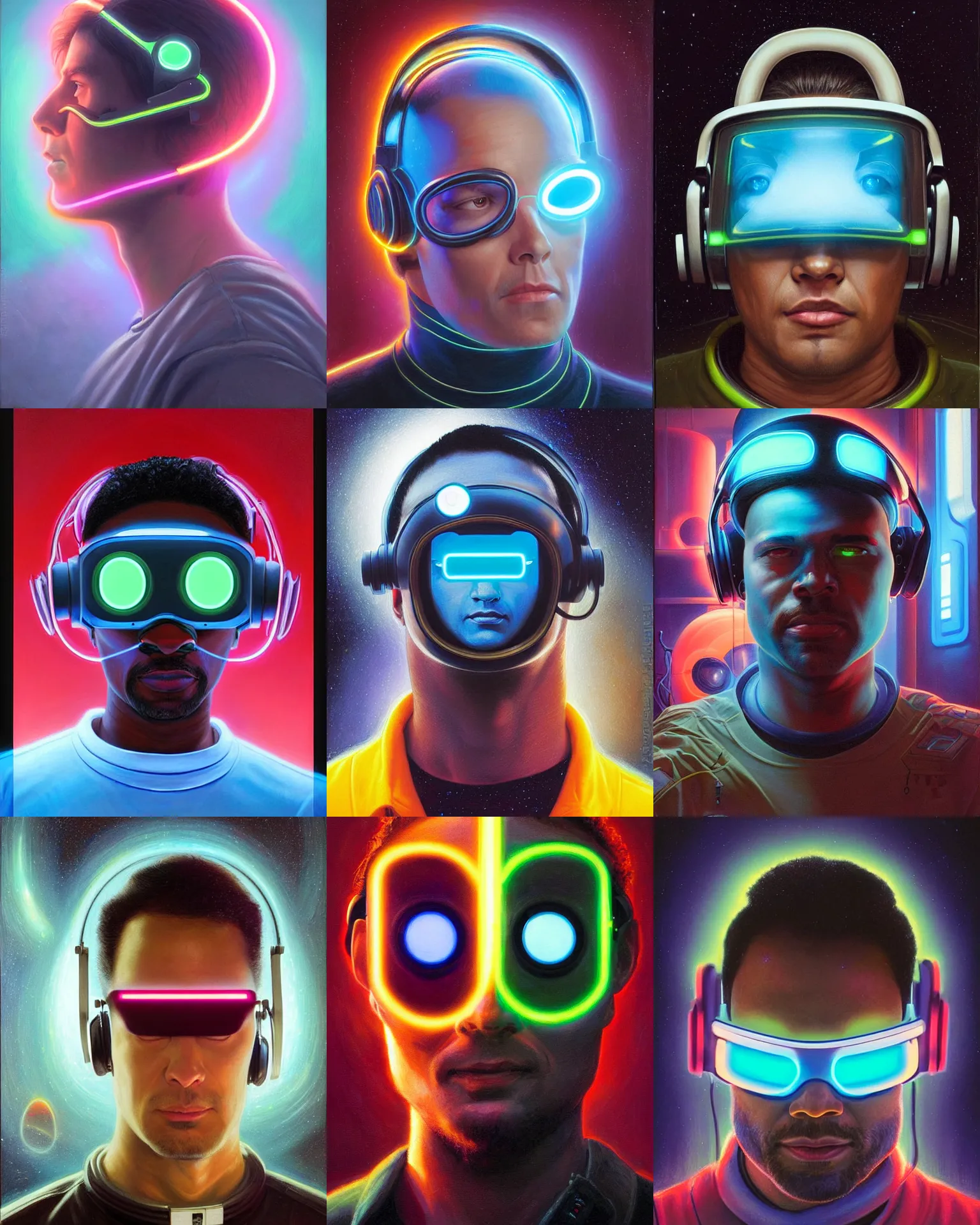 Prompt: programmer with glowing geordi cyclops visor over eyes and sleek neon headphones headshot desaturated profile portrait painting by donato giancola, dean cornwall, rhads, tom whalen, alex grey astronaut cyberpunk electric fashion photography