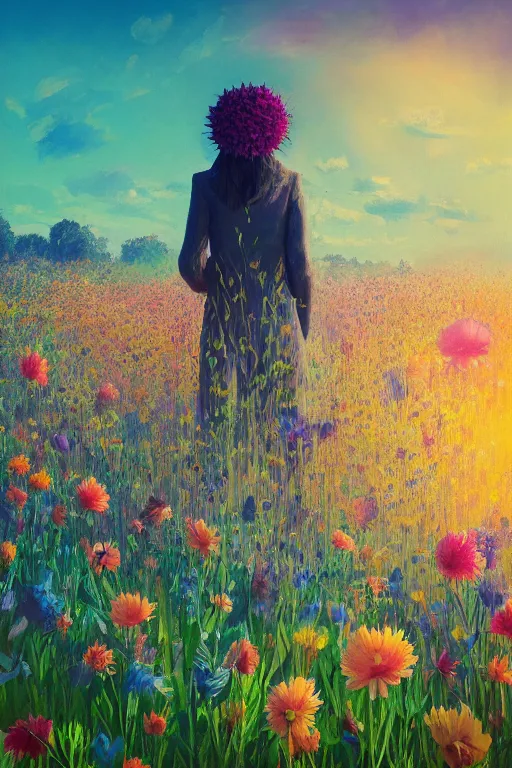 Image similar to closeup, giant flower head, girl in suit standing in a field of flowers, surreal photography, sunrise, blue sky, dramatic light, impressionist painting, digital painting, artstation, simon stalenhag