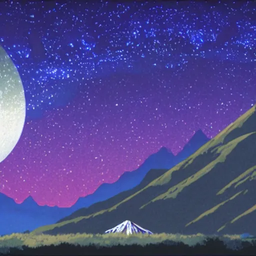 Prompt: a mountain with a star trail in the sky, a detailed matte painting by studio ghibli, cg society, symbolism, toonami, matte painting, reimagined by industrial light and magic