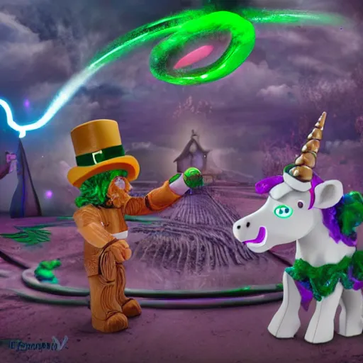 Image similar to leprechaun fighting a robotic unicorn, detailed, photorealistic, 8 k, wide shot,