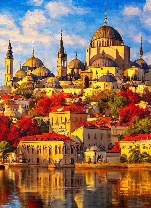 Prompt: painting of beautiful shot of Royal medieval Middle Eastern city like Prague mixed with Istanbul like Islamic architecture with greenery all around , autumn colors