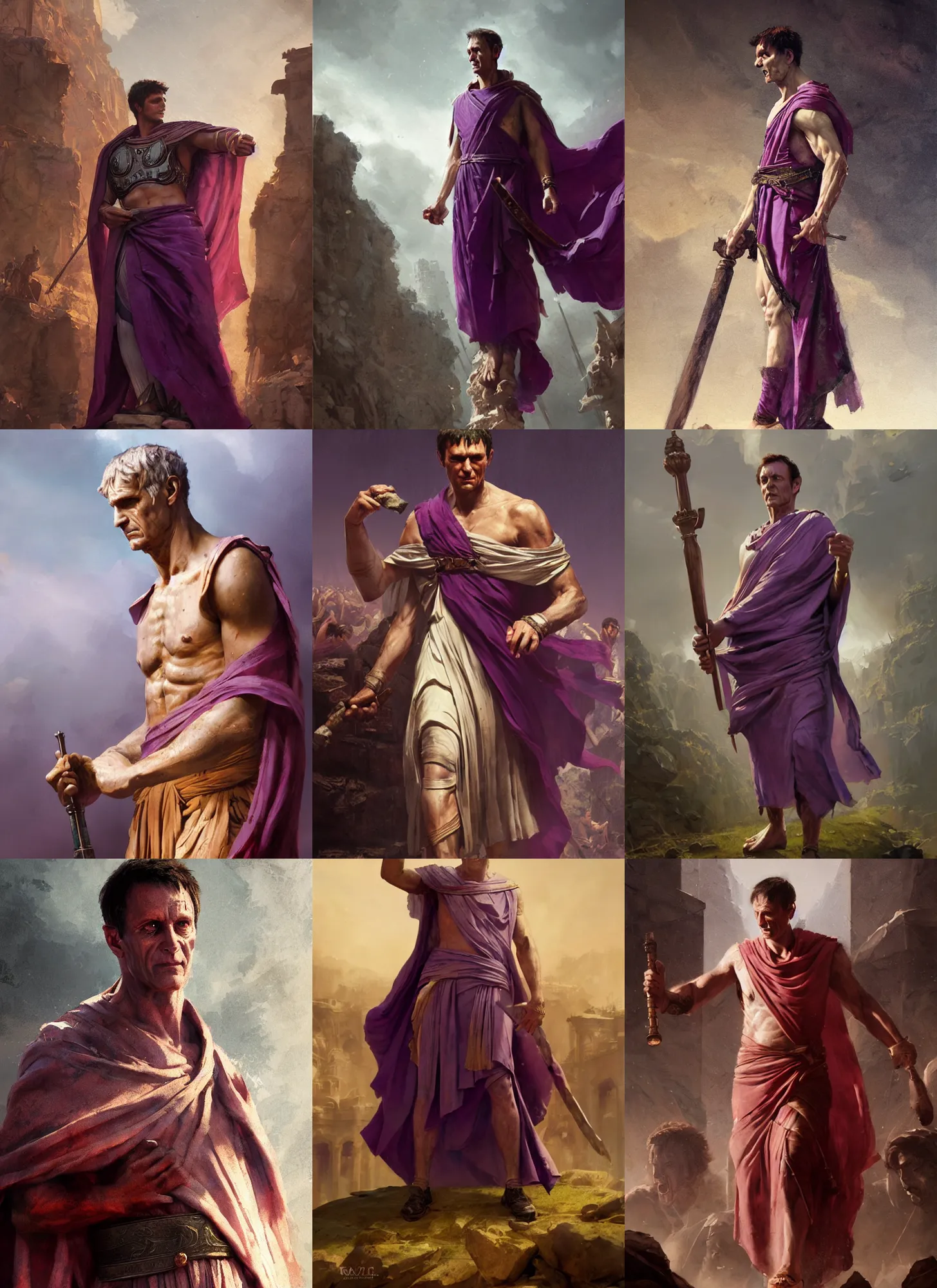 Prompt: triumphant gaius julius caesar wearing a tyrian purple roman toga, art by greg rutkowski, highly detailed, digital painting, sharp focus, illustration