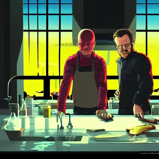 Image similar to Thomas Jane, an illustration of happy Walter White and Jesse Pinkman cooking meth in super lab, art by Ilya Kuvshinov, highly detailed, anime key visual, warm colors, epic landscape, official media, HD digital art, artstation