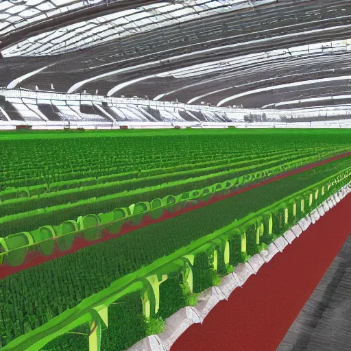 Image similar to a farm inside of a stadium, hyperrealistc, solarpunk, utopian socialism, detailed, 4K, cinematic