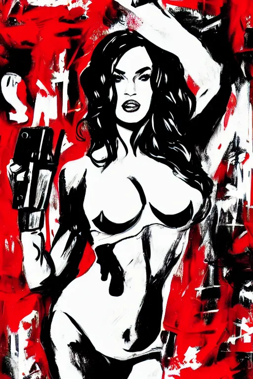 Image similar to dream of a film still from sin city, closeup portrait of film noir megan fox private detective, detailed illustration, digital art, trending on artstation, frank miller, martin ansin, movie poster, dripping paint, red on black, graffiti, gta v,