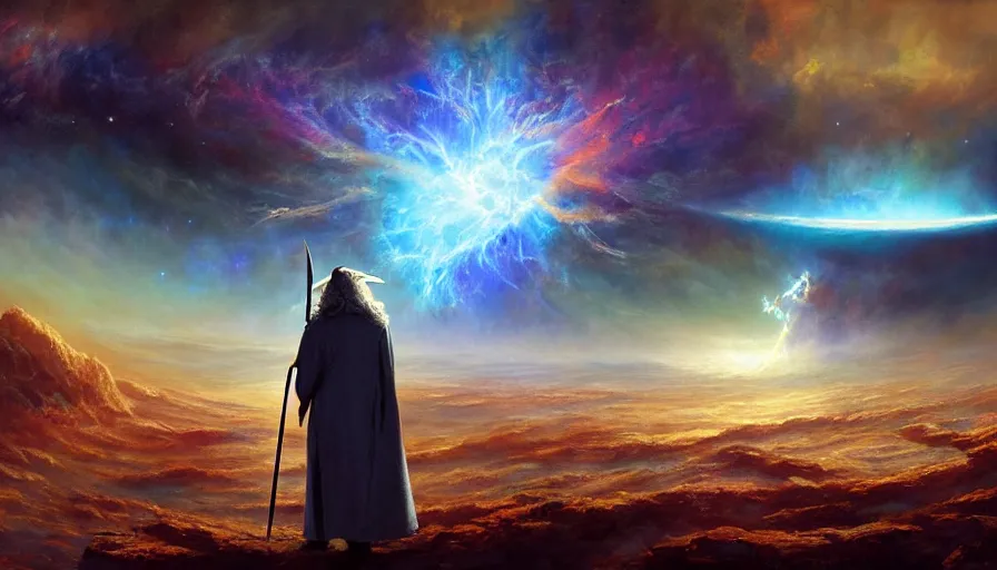 Prompt: a beautiful painting of gandalf watching the crab nebula in the sky of an alien world, ray traced lighting by jean kalin popov and greg rutkowski