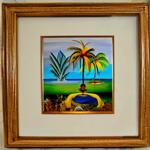 Image similar to a framed painting of a beautiful salvador dali tropical landscape