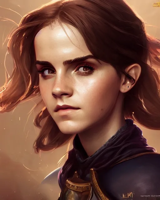 Image similar to league of legends portrait of emma watson, au naturel, hyper detailed, digital art, trending in artstation, cinematic lighting, studio quality, smooth render, unreal engine 5 rendered, octane rendered, art style by klimt and nixeu and ian sprigger and wlop and krenz cushart.