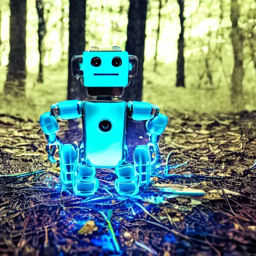 Prompt: translucent robot sitting by a fire in the woods at night, whimsical, award winning photograph, sigma 8 5 mm f / 8, hyper - realistic