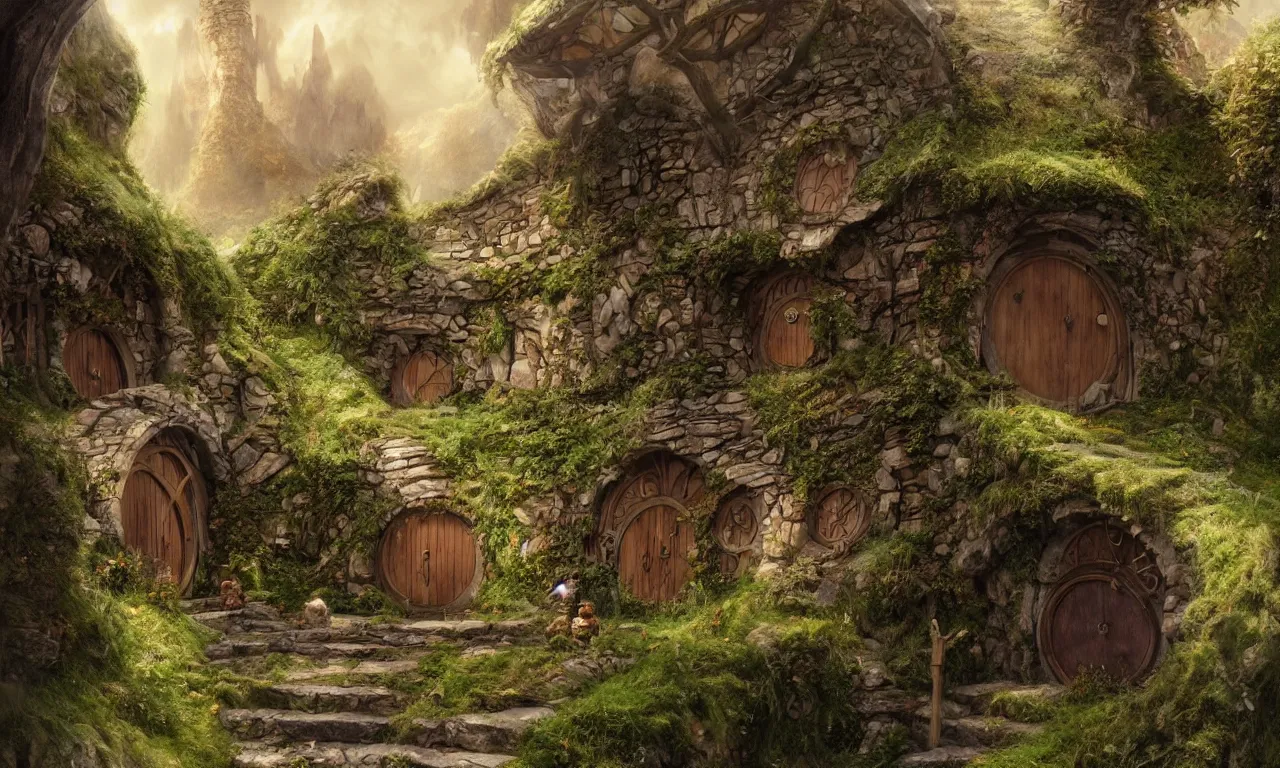 Image similar to The house of the Hobbit Bilbo Baggins, highly detailed, digital painting, artstation, concept art, smooth, sharp focus ilustration, Artstation HQ