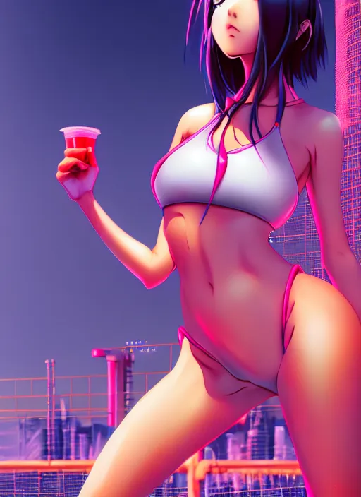 Image similar to anime girl in bikini, hero human structure insects concept art, full body, intricate detail, art and illustration by kim hyung tae and irakli nadar and alexandre ferra, global illumination, action pose at tokyo cyberpunk neon light night