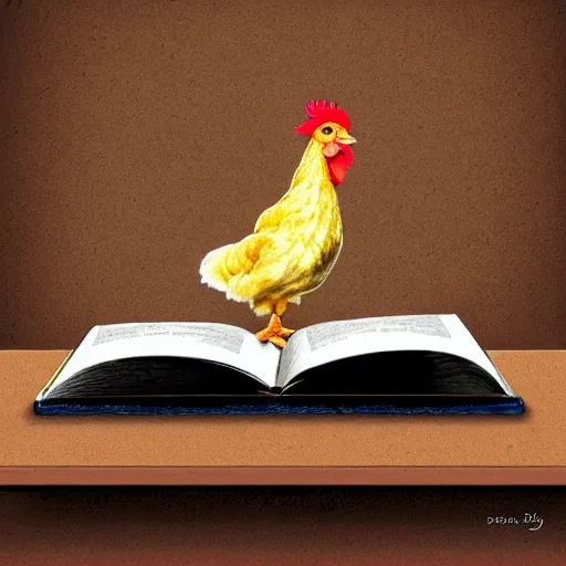 Prompt: A chicken with glasses standing on a table looking down at an open book like it's reading it, the book is also on the table, digital art.