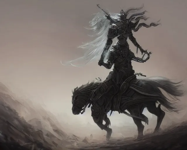 Prompt: A faded ghost warrior riding a giant ghost horse with armour, fantasy art, in the style of Frank Neidhardt, illustration, epic art, fantasy, intricate, elgant, amazing detail, digital painting, artstation, concept art, smooth, sharp focus