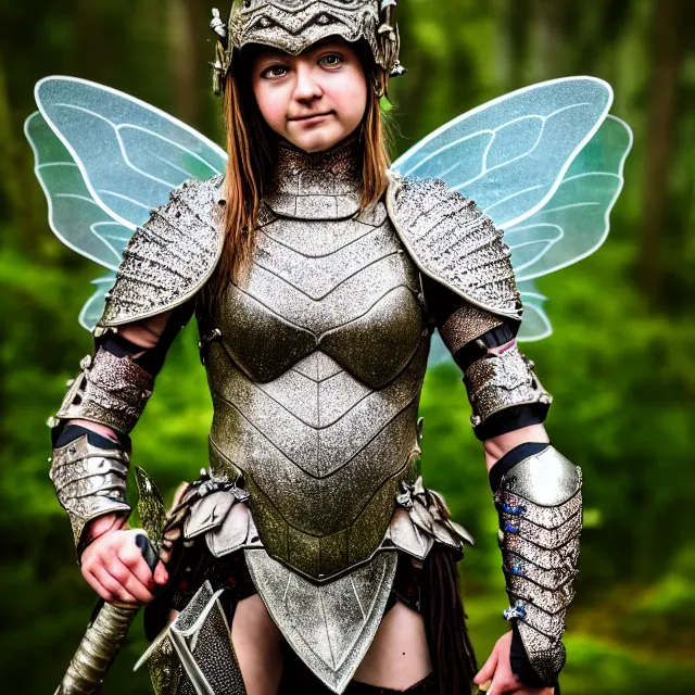Prompt: full body photo of a fairy warrior wearing sparkly armour, highly detailed, 4 k, hdr, smooth, sharp focus, high resolution, award - winning photo