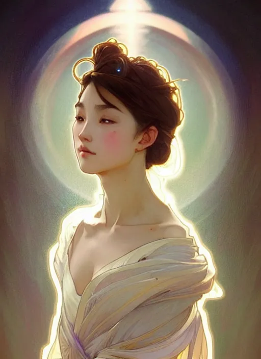 Image similar to digital character concept art by artgerm and greg rutkowski and alphonse mucha. clear portrait of a young wife blessed by god to uncontrollably become overwhelmingly perfect!! asian, fully clothed!!!, super feminine holy body!! light effect. hyper detailed, glowing lights!! intricate, elegant, digital painting, artstation, smooth, sharp focus