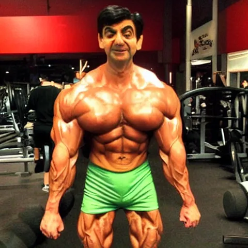 Image similar to mr. bean but a bodybuilder