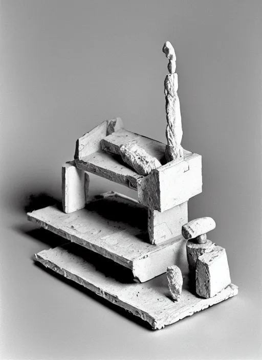 Image similar to realistic photo of a a wooden astronomy archeology chemistry scientific appliance model equipment gadget object made of wooden constructor, a fragment is made of white clay, fragments made of white fur, background is grey monochrome 1 9 9 0, life magazine reportage photo, natural colors, metropolitan museum collection