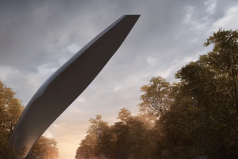 Image similar to extremely detailed sculpture designed by Zaha Hadid in a forest, stunning volumetric light, sunset, metal, concrete and translucent material, stunning skies, trending on Artstation, 8k, photorealistic, hyper detailed, unreal engine 5, IMAX quality, cinematic, epic lighting, in the style of Greg Rutkowski