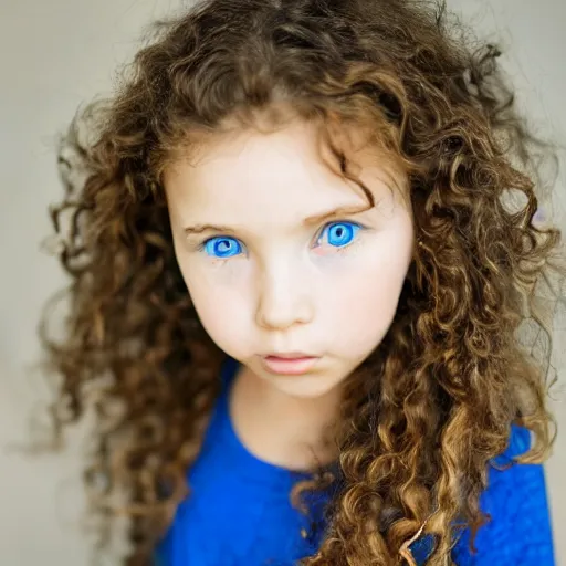 Prompt: a photograph of a cute little girl with wavy curly light brown hair and blue eyes.