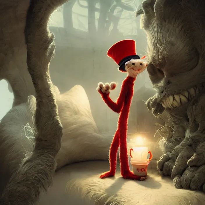 Image similar to complex 3 d render, hyper detailed, ultra sharp, of the cat in the hat, scary, cinematic, natural soft light, rim light, art by greg rutkowski and artgerm and moebius, dr seuss