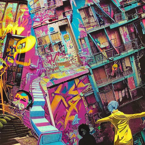 Image similar to breakfast at las pozas, graffiti by moebius, happy mood, cyberpunk, futuristic, 1 9 7 0 cut out collage, technilogy, high detail, golden light, realistic