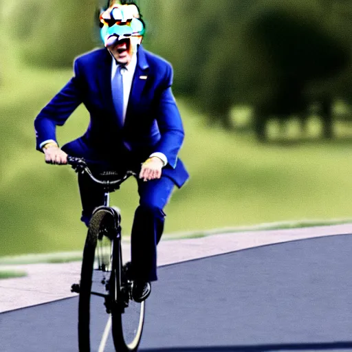 Image similar to ultra realistic photo of joe biden falling off of his bike, film, perfect face, in the style of a candid photo