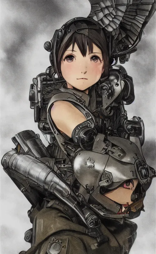 Prompt: front portrait of mechanized valkyrie, anime style, world war 2, vintage clothing, spread wings, short hair, hair down, symmetrical facial features, from arknights, hyper realistic, 4 k, rule of thirds, extreme detail, detailed drawing, safebooru, hd, d & d, realistic lighting, by alphonse mucha, greg rutkowski, backlit