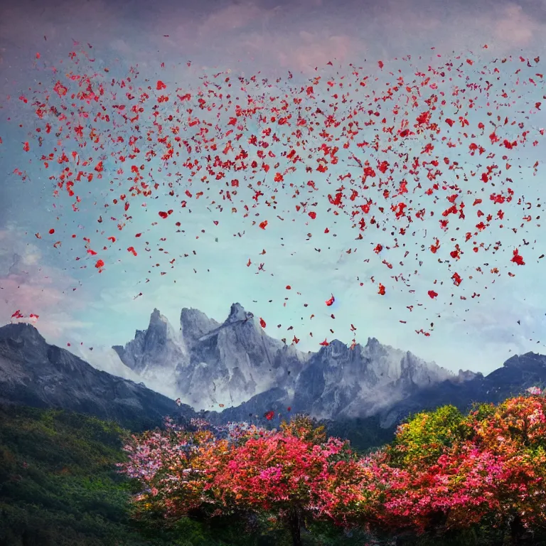 Image similar to a beautiful awesome artistic tree with falling flowers like leaves and many birds, all in the amazing outdoors view, mountain in the background, lake, long exposure, 8 k resolution, trending on artstation