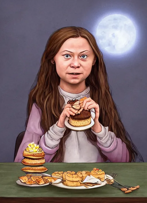 Image similar to greta thunberg as a medieval goblin eating cakes. detailed digital art, trending on Artstation