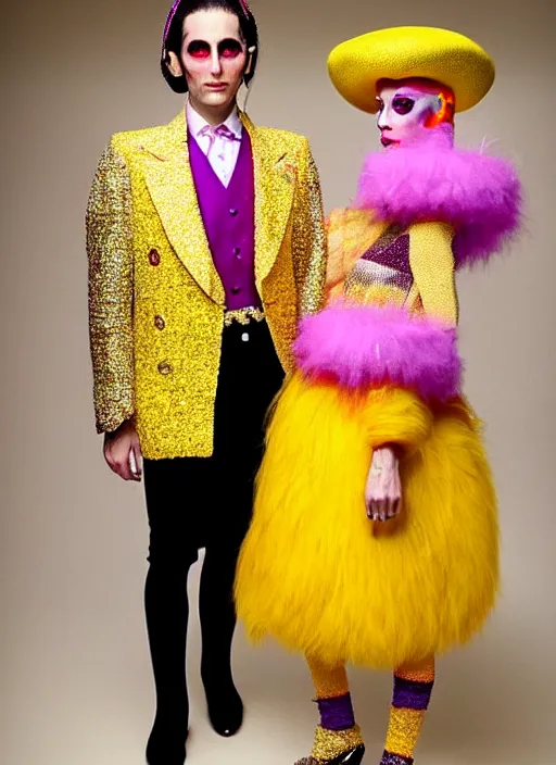 Prompt: full face and glamorous dressed female and male pair in Bespoke couture outfits made of yellows, pinks, purple and gold by Vivian Westwood and Marc Jacobs as seen in the movie the Royal Tenenbaums + vintage Chanel in a futuristic vibe