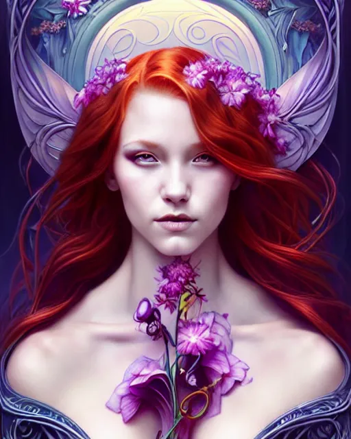 Image similar to Beautiful, evil and playful ethereal ginger portrait, art nouveau, fantasy, intricate flower designs, elegant, highly detailed, sharp focus, art by Artgerm and Alex Ross Tran and WLOP