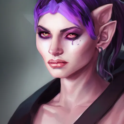 Image similar to a portrait of a tiefling with light purple skin and black hair, stunning digital painting trending on artstation