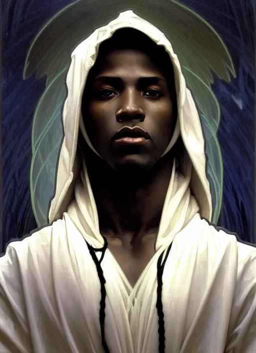 Image similar to awe-inspiring award-winning concept art nouveau painting of attractive young black man in a white hoodie angelic warrior figure, darkness, by Alphonse Mucha, Michael Whelan, William Adolphe Bouguereau, John Williams Waterhouse, and Donato Giancola, cyberpunk, fierce, extremely moody lighting, glowing light and shadow, atmospheric, shadowy, cinematic, diffuse lighting, fantasy, intricate, elegant, highly detailed, lifelike, photorealistic, digital painting, artstation, illustration, concept art, smooth, sharp focus, art by John Collier and Albert Aublet and Leonardo da vinci and Krenz Cushart and Artem Demura and Alphonse Mucha