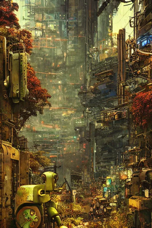 Prompt: vintage autochrome photo of ancient overgrown cyberpunk tokyo with robot by marc simonetti, night, rain, flowers, beautifully lit, hyperdetailed, unreal engine, photorealistic