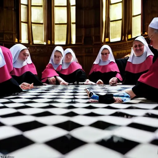 Image similar to award winning photo of nuns playing twister in a sanctuary —width 1024 —height 1024