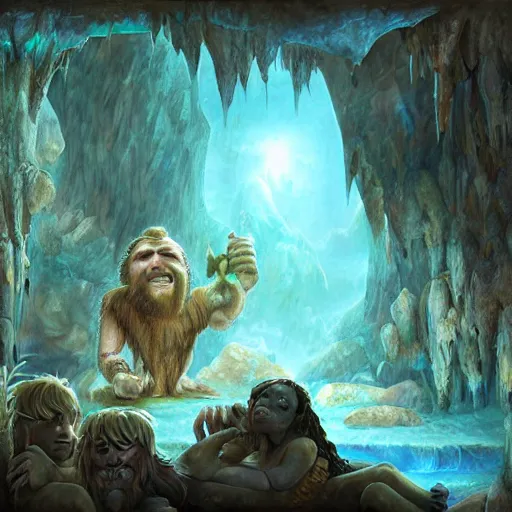 Image similar to caveman rave in a crystal filled cave, deviantart contest winner, fantasy art, concept art, official art, matte drawing