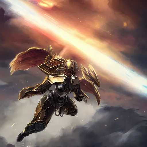 Image similar to full body picture of armored valkyrie descending from clouds, renaissance halo, gold lighting, cinematic, art, elegant, powerful, digital painting, sharp details