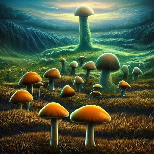 Prompt: surreal mushroom realm, multidimensional, fantasy, trending on artstation, beautiful, landscape, weird, valley, field