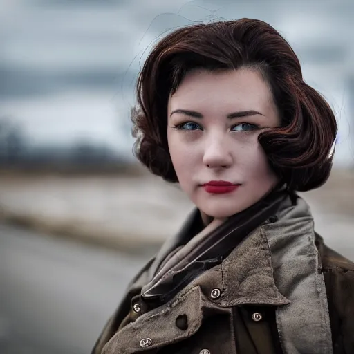 Prompt: Beautiful elegant female with smudged face, cosplaying as the Fallout 4 sole survivor, photographed on a slight overcast day on dilapitated street on Ikeshima island, Nikon D7100 with a Nikon 50mm F1.8, a Nikon 85mm F1.8, Golden hour, expressive face,