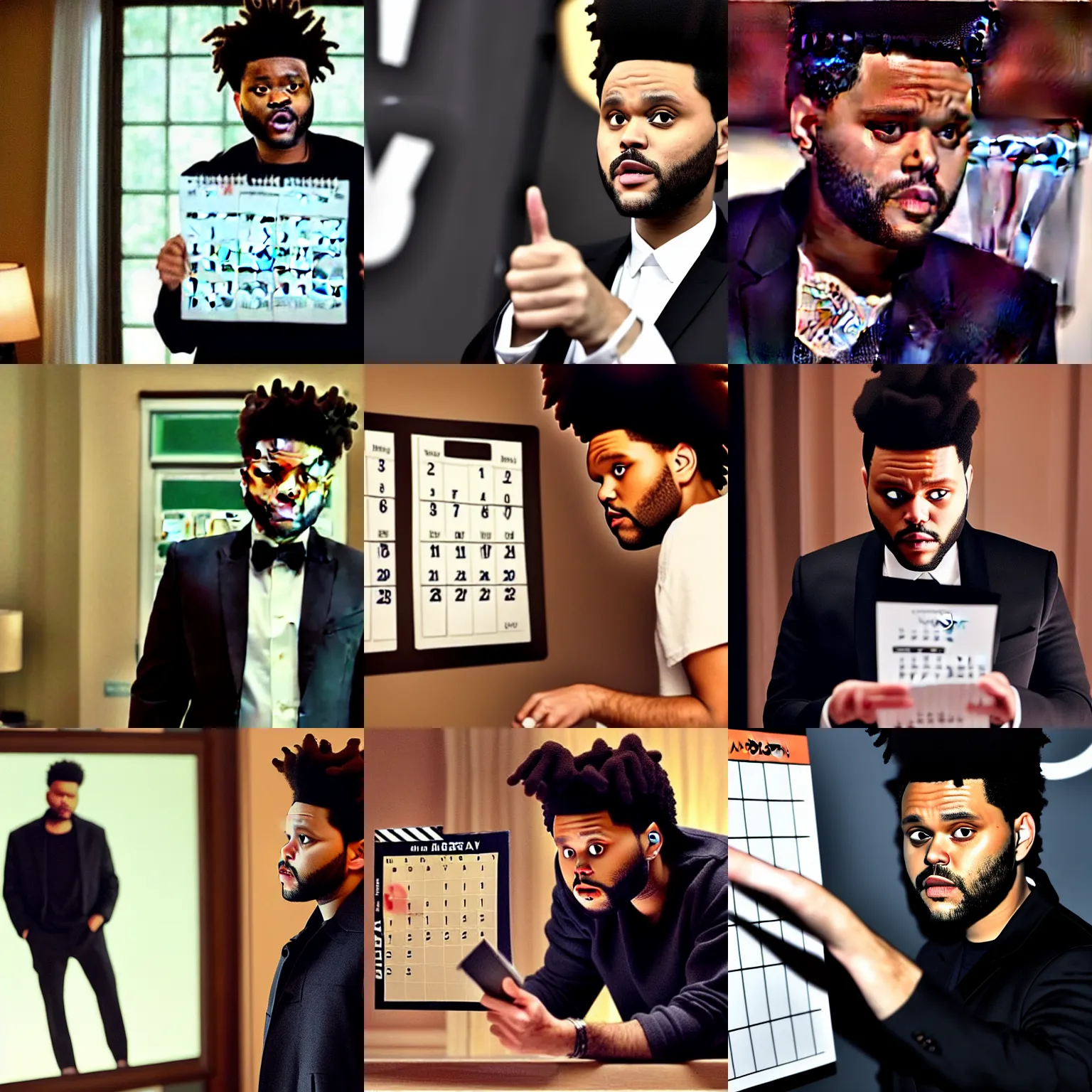 Prompt: a scene from a movie, The Weeknd looking at a calendar, !!!!pointing at Saturday on a calendar!!!!