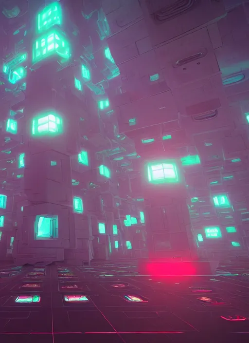Prompt: wide angle shot of a giant futuristic brutalist fortress with cybernetic faces protruding from the walls and glowing metatron cubes floating in the air, synthwave style, rendered by beeple, concept art, digital art, unreal engine, trending on artstation, 4k UHD image