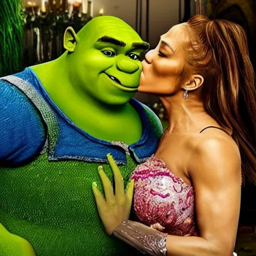 Image similar to shrek kissing jennifer lopez, realistic, cctv chest cam, ultra detailed, 😂🎉💩💨