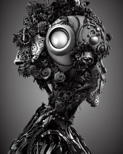 Image similar to black and white dreamy foggy smoky profile face portrait, one silver steampunk realistic eye biomechanical beautiful young female cyclope - cyborg - robot bust, body ribs meshes,, volumetric light, hibiscus flowers, by hg giger, rim light, by dora maar and cecile beaton, big gothic fashion pearl embroidered collar, 8 k