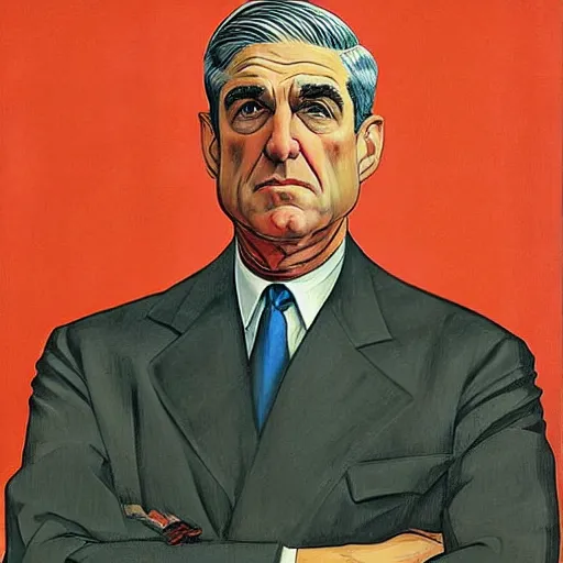 Prompt: socialist realist painting of robert mueller!!! standing with folded arms, czech movie poster by j. c. leyendecker and diego rivera