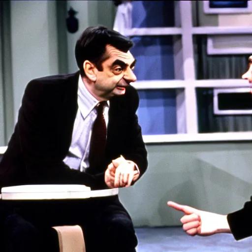 Image similar to mr. bean on the jerry springer show fighting with another guest. 3 5 mm film, movie still, tv show, talkshow