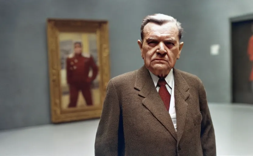 Image similar to 50s movie still close-up portrait of an elder soviet general walking in an empty museum, by David Bailey, Cinestill 800t 50mm eastmancolor, heavy grainy picture, very detailed, low quality, 4k, HD criterion, precise texture and facial expression