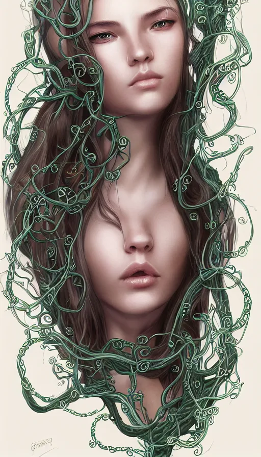 Prompt: very detailed portrait of a 2 0 years old girl surrounded by tentacles, the youg woman visage is blooming from fractal and vines, by artgerm