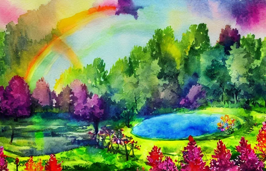 Image similar to sanctuary in colorful flower meadow near a forest with a rainbow pond, double rainbow in the sky, watercolor painting