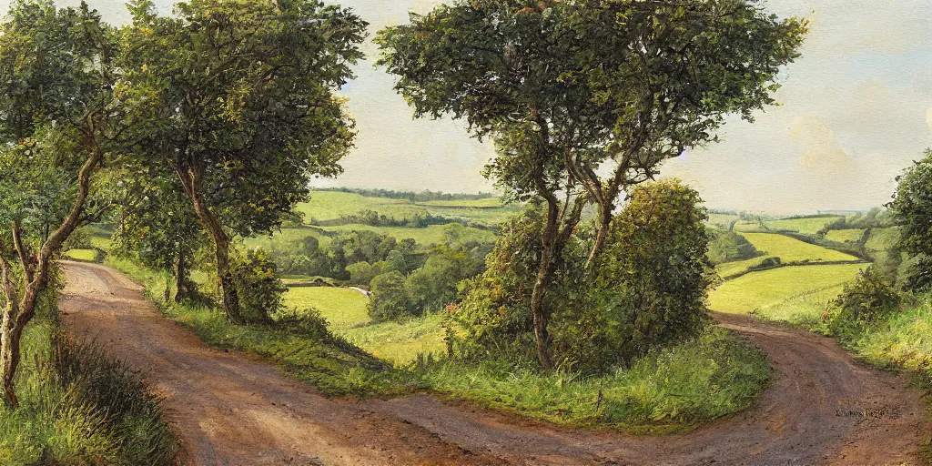 Prompt: painting of an old winding road through the english countryside. hedge - rows are present and little birds flutter about.
